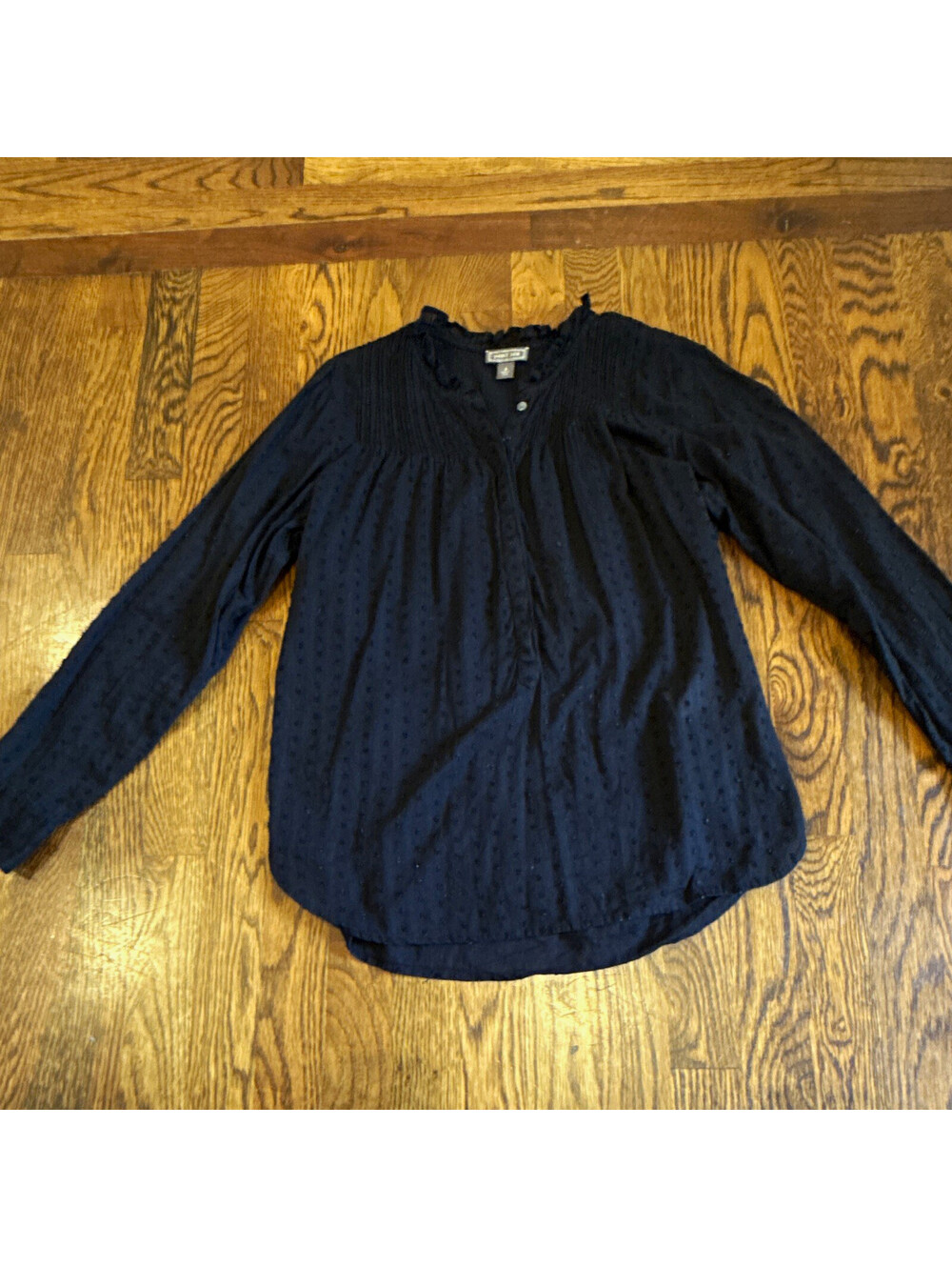JCrew Point Sur Women’s 2 Black Ruffle Neck Button Front Woven Cotton Blouse